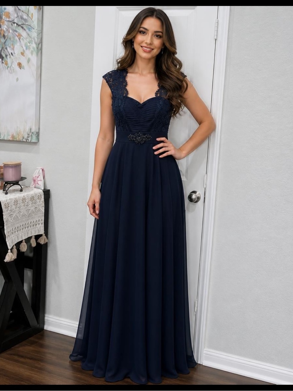 Elegant long sheet evening navy blue gown